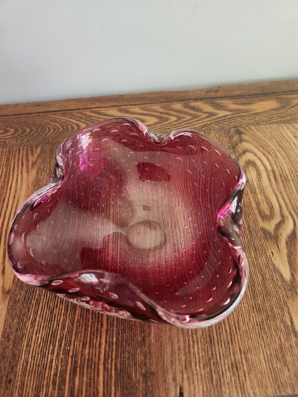 Vintage Art Glass Murano Cranberry Bullicante Controlled Bubble Ashtray Trinket
